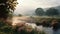 Misty River Flowing Through Serene Countryside: A Photorealistic Landscape Captured On 35mm Film