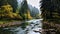 Misty River Landscape With Deciduous Trees And Firs