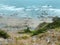 misty sea cliffs mountain hiking trail sandy beach cliff ocean overhead waves foggy nature background