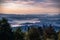 Misty silhouettes in panoramic mountain landscape, Czech Paradise