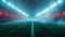 Misty soccer field under bright stadium lights at night, empty and atmospheric football arena. AI