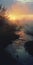 Misty Stream At Sunset: Photorealistic 35mm Film4k Photography