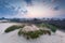 Misty summer sunrise over sand dune