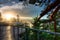 Misty sunrise on the Golden View terrace in the Jizera Mountains with a view of the Karkonosze Mountains. Poland