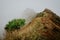 Misty trail leads along the mountain ridge. Path and steep slopes hidden in the fog. Santo Antao Cape Verde