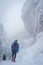 Misty view of Ski alpinist walking to snowy mount with trees