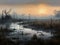 Misty Wetland Sunrise, AI Generated