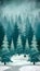 Misty winter fir forest landscape, vintage retro style scenery