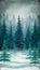 Misty winter fir forest landscape, vintage retro style scenery