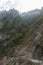 Misty wooded mountains and road