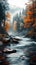 Misty woodland Winding river, autumn trees, serene morning with text space