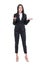 Misunderstanding concept. Uncertain business woman in black suit shrugging shoulders.