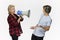 Misunderstandings in family. Angry mother with megaphone talking to her male teenager