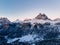 Misurina lake sunset Three Peaks of Lavaredo, Italy. Aerial top view