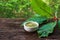 Mitragynina speciosa or Kratom leaves with powder product in white ceramic bowl on wood table