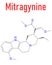 Mitragynine molecule. Herbal alkaloid present in kratom, ketum, Mitragyna speciosa. Skeletal formula.