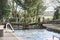 Mitre lock gates closed at a canal entrance in rural england