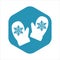 Mitten icon. White silhouette of a garment to warm your hands in the winter season on a blue hexagon. Snowflakes on mittens.