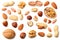 mix almonds, cashew nuts, hazelnut, peanuts, walnuts, pistachio isolated on white background. Top view