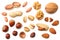 mix almonds, cashew nuts, hazelnut, peanuts, walnuts, pistachio isolated on white background. Top view