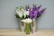 Mix of Beautifull Floral Background. Mathiola White Purple Flowers Spring, Easter or Gardening Concept. Flowers in the Warmth.