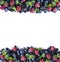 Mix berries and fruits at border of image with copy space for text. Ripe blueberries, blackberries, raspberries and black currants