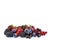 Mix berries and fruits isolated on a white. Ripe blueberries, blackberries, currants and strawberries. Berries and fruits with cop