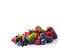 Mix berries isolated on a white. Ripe blueberries, blackberries, red currants, black currant, raspberries and strawberries. Variou