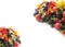 Mix berries on a white background. Ripe blueberries, blackberries, currants, strawberries and yellow plums. Berries and fruits wit