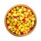 Mix of canned corn, green peas and diced red bell pepper, in a wooden bowl
