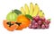 Mix  fruit, Pile of different types of fresh organic fruits  yellow ripe banana, red grape,  orange fruit, papaya and guava with