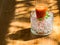 Mix fruite juice in glass with ice put on wood table