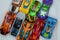 Mix of miniature, colorful toy cars