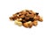 Mix of nuts hazelnut almonds and cashews with raisins, a bunch isolated on a white background