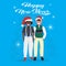 Mix race boys red hat happy new year merry christmas concept flat male cartoon character blue background full length