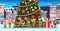 Mix race elves group near decorated fir tree city building houses night winter street cityscape merry christmas happy