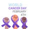 mix race human hands holding purple ribbons world cancer day breast disease awareness prevention poster 4 february