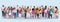 Mix race people group different occupation standing together over blue background male female workers full length