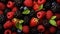 Mix of ripe red raspberries blackberries closeup flat lay copy space, grocery vegetarian healthy food concept, autumn harvest farm