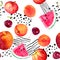 Mix of summer fruits apricot, peach, cherry, watermelon . Seamless positive food pattern with funny lines and dots -