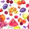 Mix of summer fruits and berries. Seamless food pattern. Watercolor