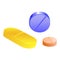 Mix of three different types of multicolored tablets, yellow, blue, orange, round and oval on white background