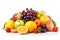 Mix of various fruits on a white background. Among them are apples, oranges, kiwis.