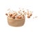 Mix white peanut beans fall down explosion, several kind bean float explode in wooden bowl. Dried white peanut mixed beans splash