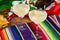 Mixed alcoholic drinks and spirits, patriotic party and mexican fiesta concept theme with two margarita glasses with salted rim,