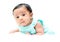 Mixed baby in teal shirt on white background looking at the came