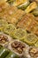 Mixed baklava. Pistachio and walnut baklava. Close-up of baklava in a tray