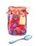 Mixed berries jam strawberry, raspberry, blueberry in vintage glass jar with spoon and empty paper label. Watercolor