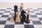 Mixed black and white wooden chesspieces on chessboard