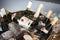 Mixed bottles of gourmet wine in ice chiller bucket